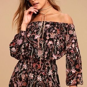 Free people off-shoulder “pretty and free” floral romper
